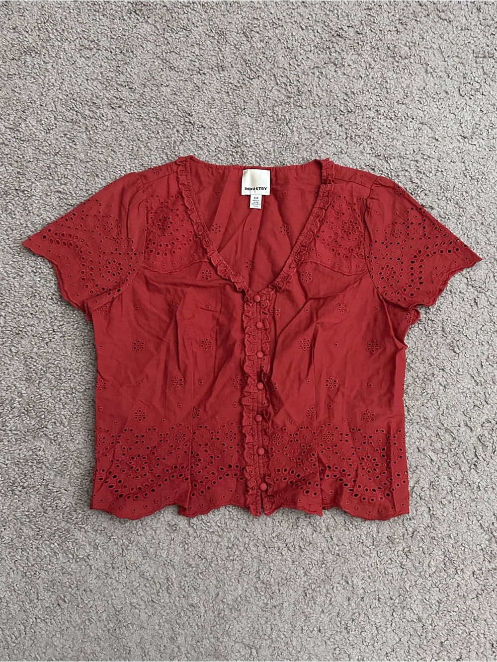 Industry Eyelet Button-Front Short Sleeve Top Brick Red Womens S